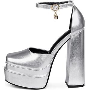 Merumote Womens 10 Disco Silver 6.5" Platform Heel Closed Toe Ankle Strap Shoes